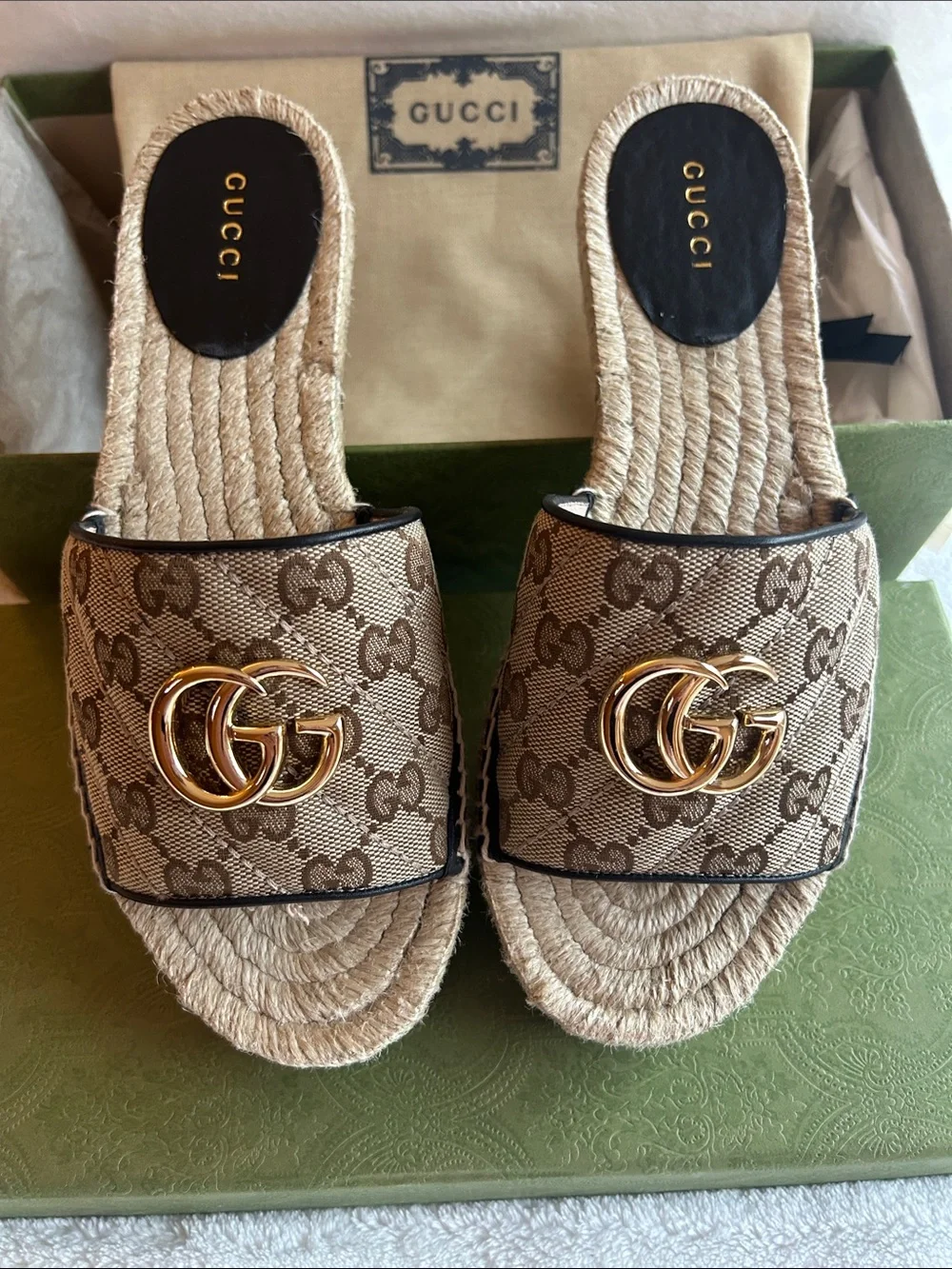 Gucci Beige GG Canvas Espadrille Slides with Gold Double G. Only worn twice! - Picture 3 of 5